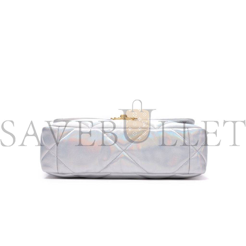 Ch*el iridescent calfskin quilted medium Ch*el 19 flap light gold purple blue as1160 (26*17*8cm)